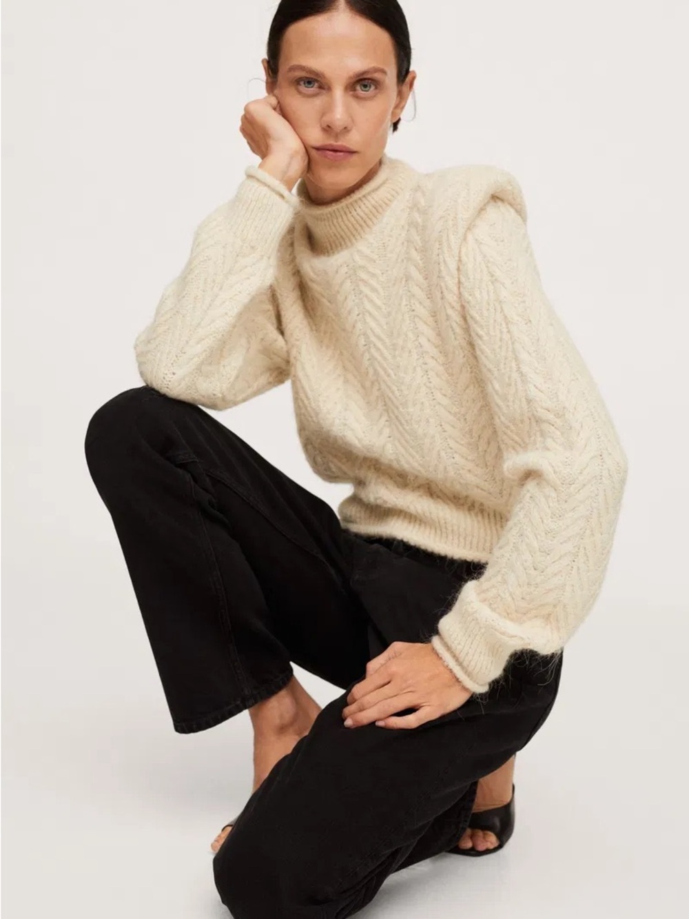 Alpaca Cream Cable-Knit Turtleneck Sweater